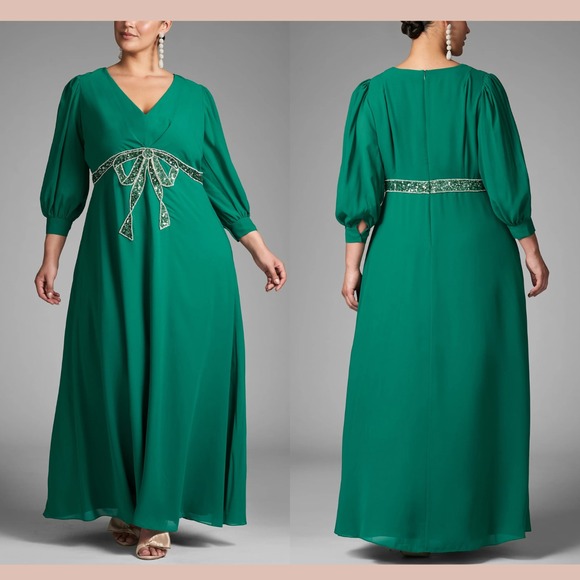 NWT $1095 Sachin & Babi [‎ 8 ] Ramsey Long Sleeve V Neck Bow Gown Green S1818 - Picture 2 of 16